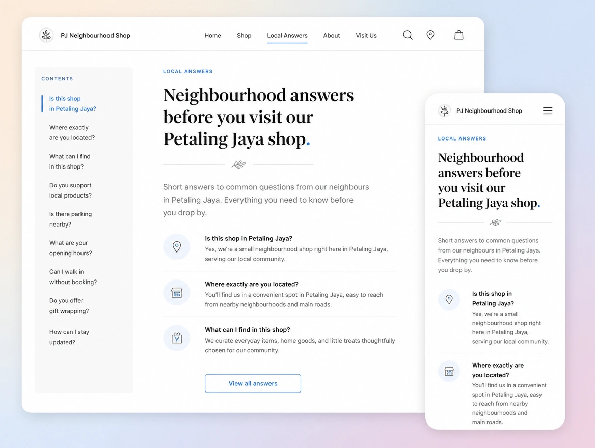 Website mockup showing local content