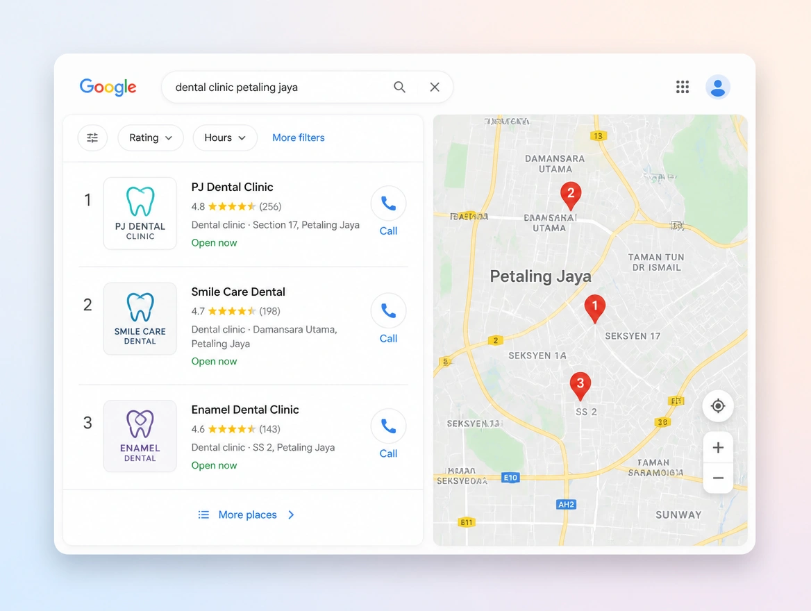 Website mockup showing map results