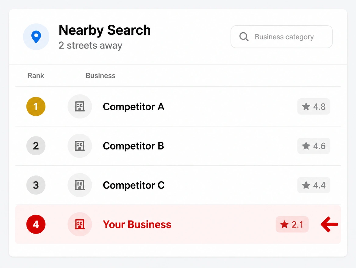 A search from two streets away returning a competitor first