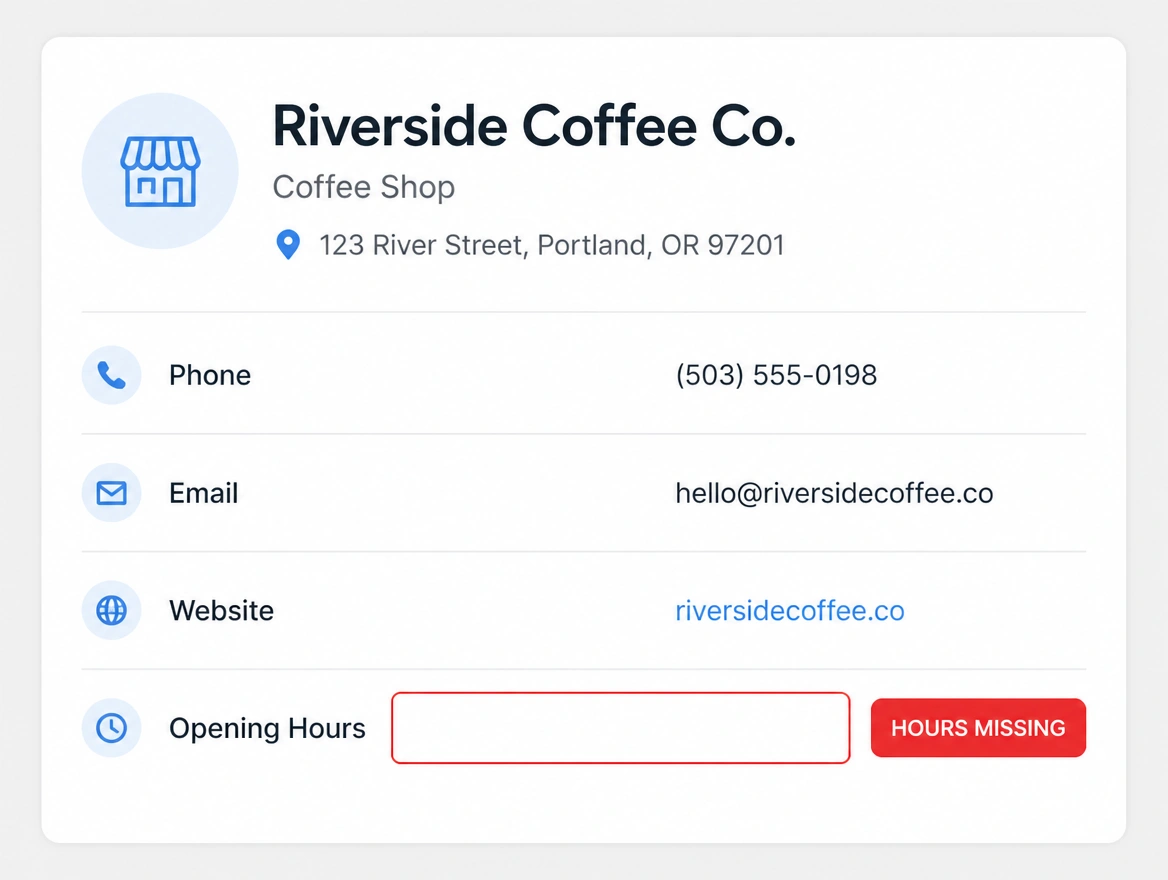 A business listing with the opening hours left blank