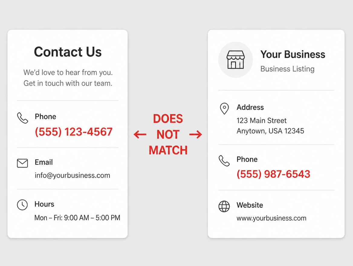 A website and a listing showing two different phone numbers