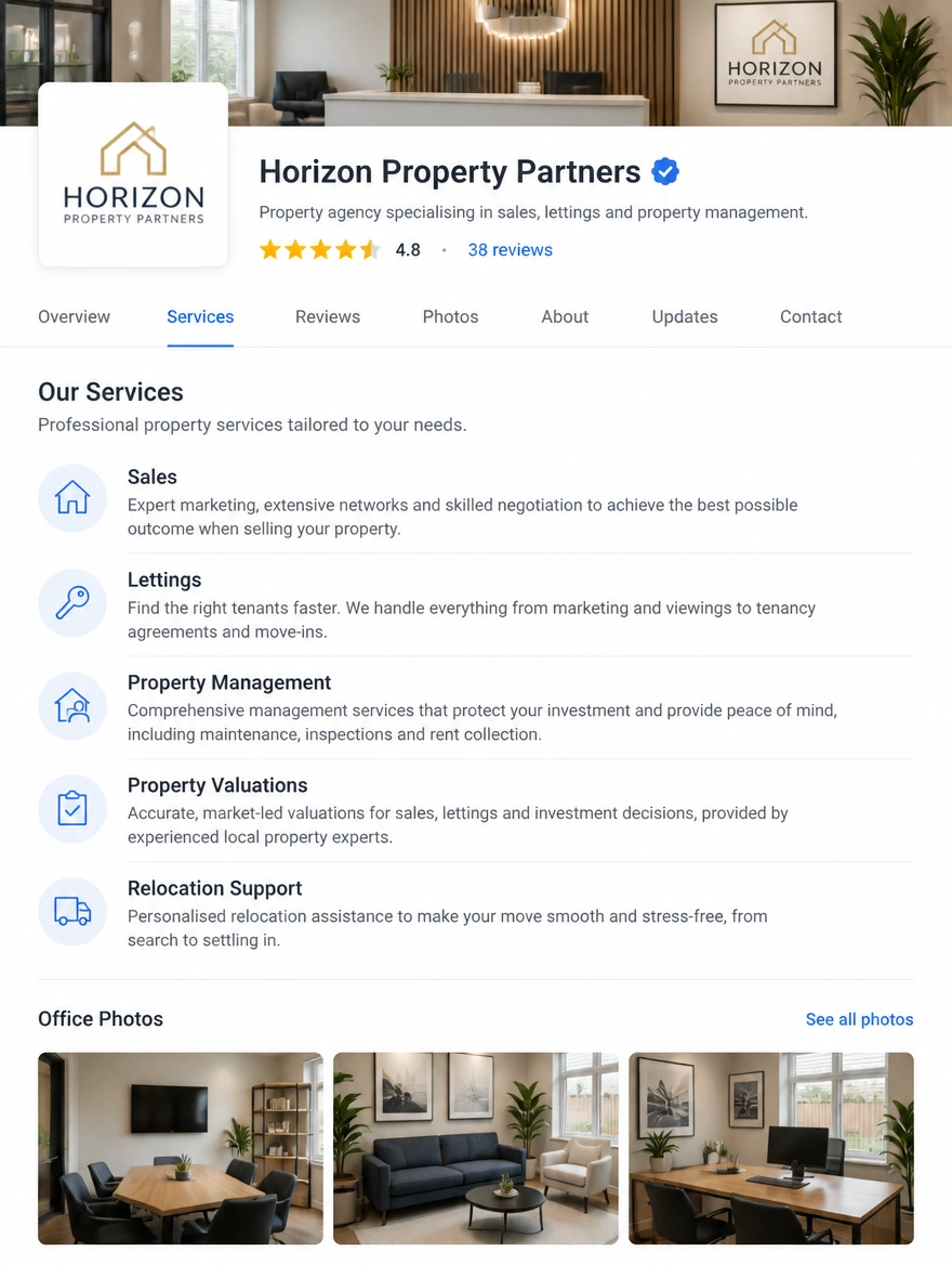 A business profile services tab showing a service list and a photograph gallery