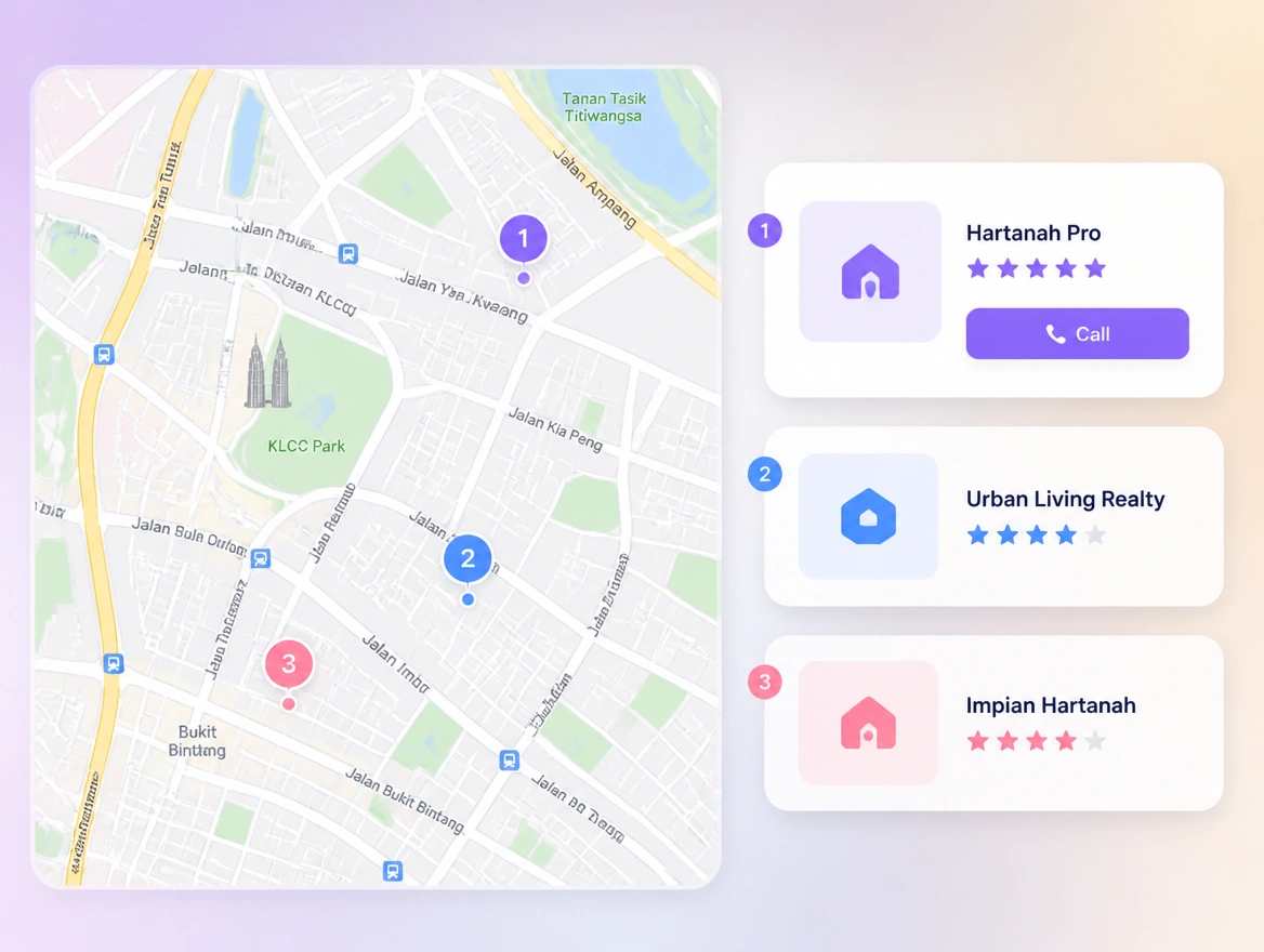 Website mockup showing map results