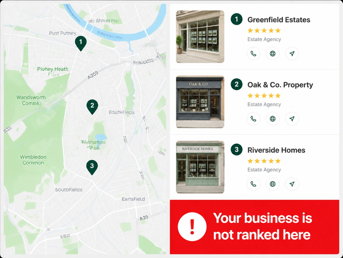 Map results where the top three listings are rival agencies and yours is not ranked