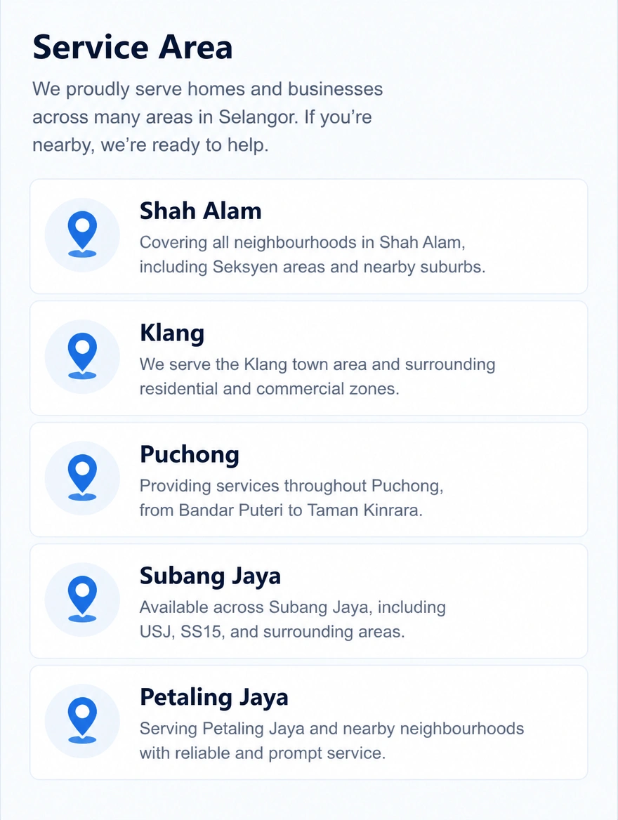 A phone showing a service area listing naming the towns covered in Selangor