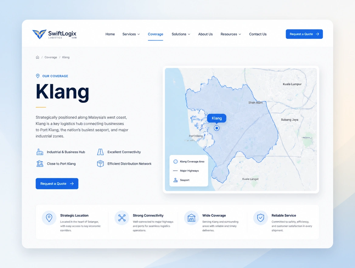 Website mockup showing area pages