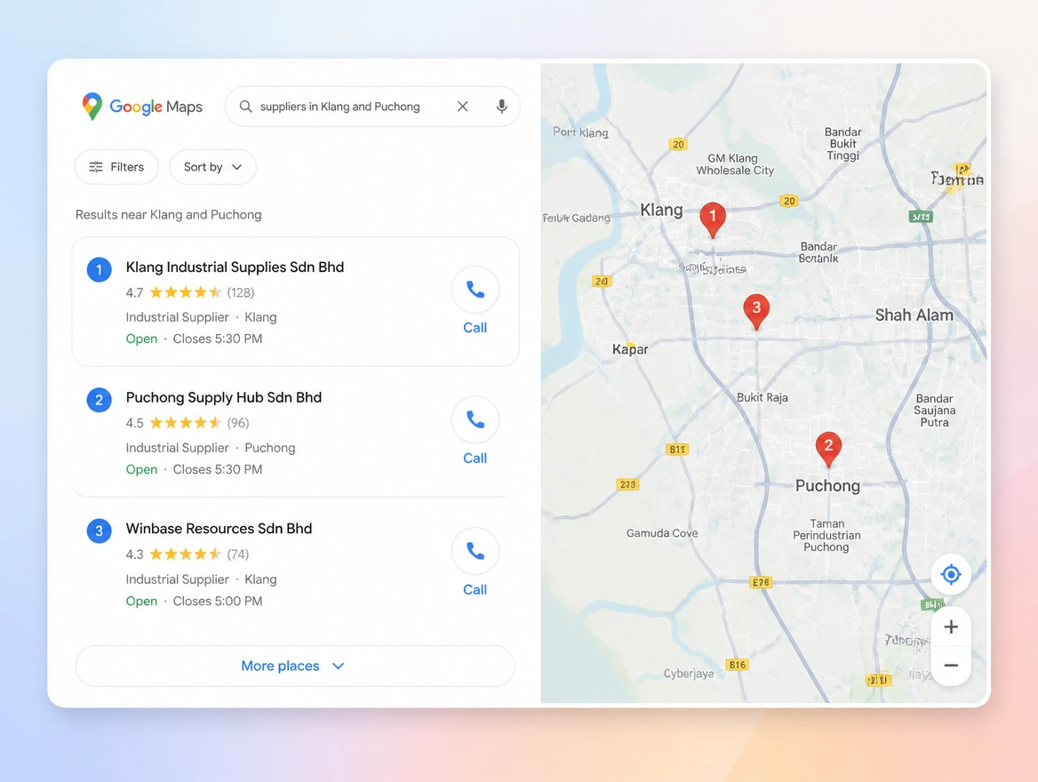 Website mockup showing map results