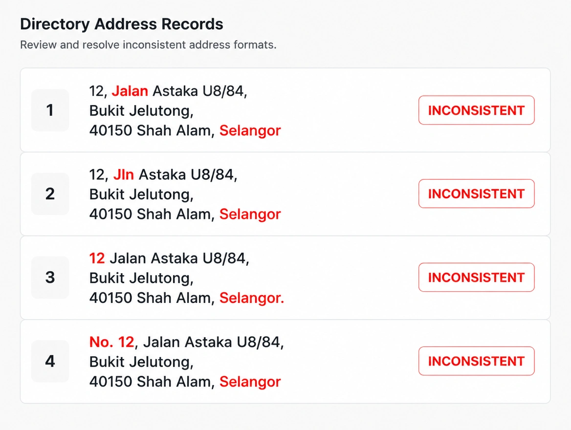 One Shah Alam address written differently on four directory entries
