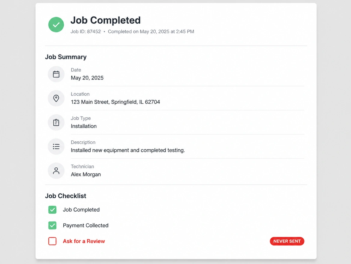 A completed job record with the review request step left undone