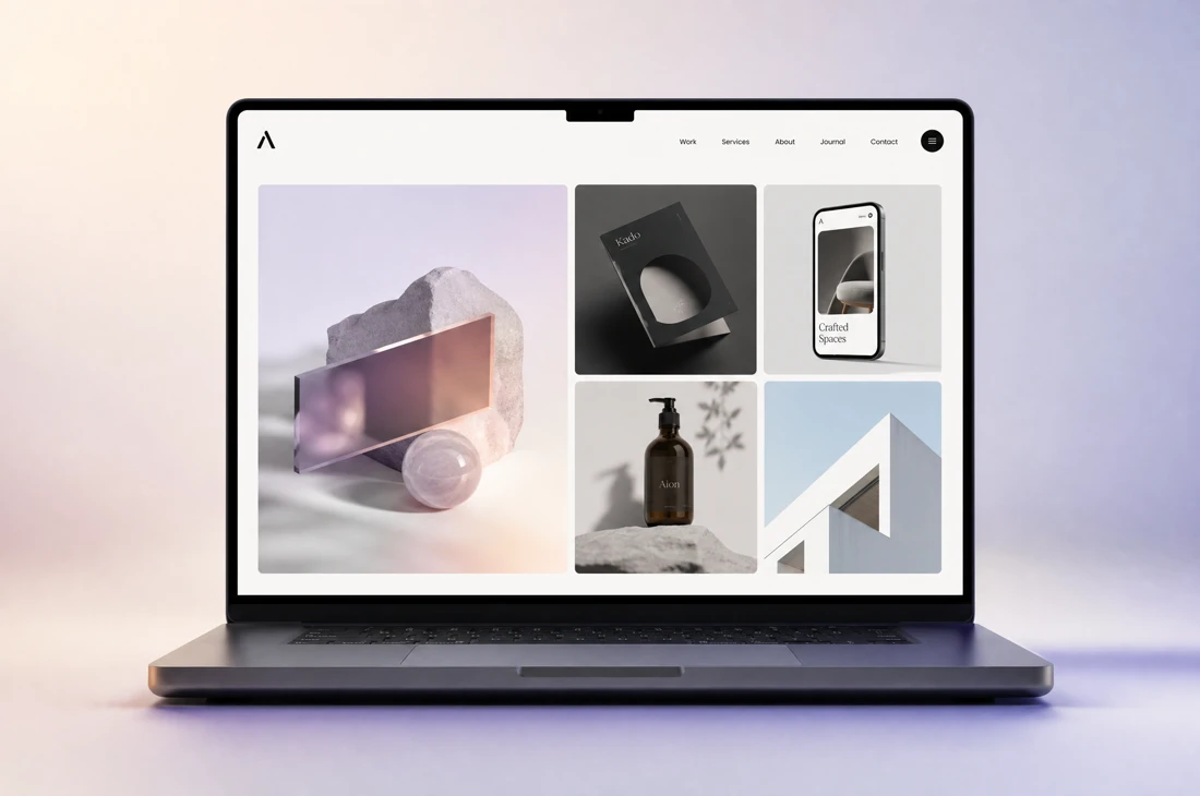 A laptop showing a design studio portfolio grid of product, packaging and architecture images