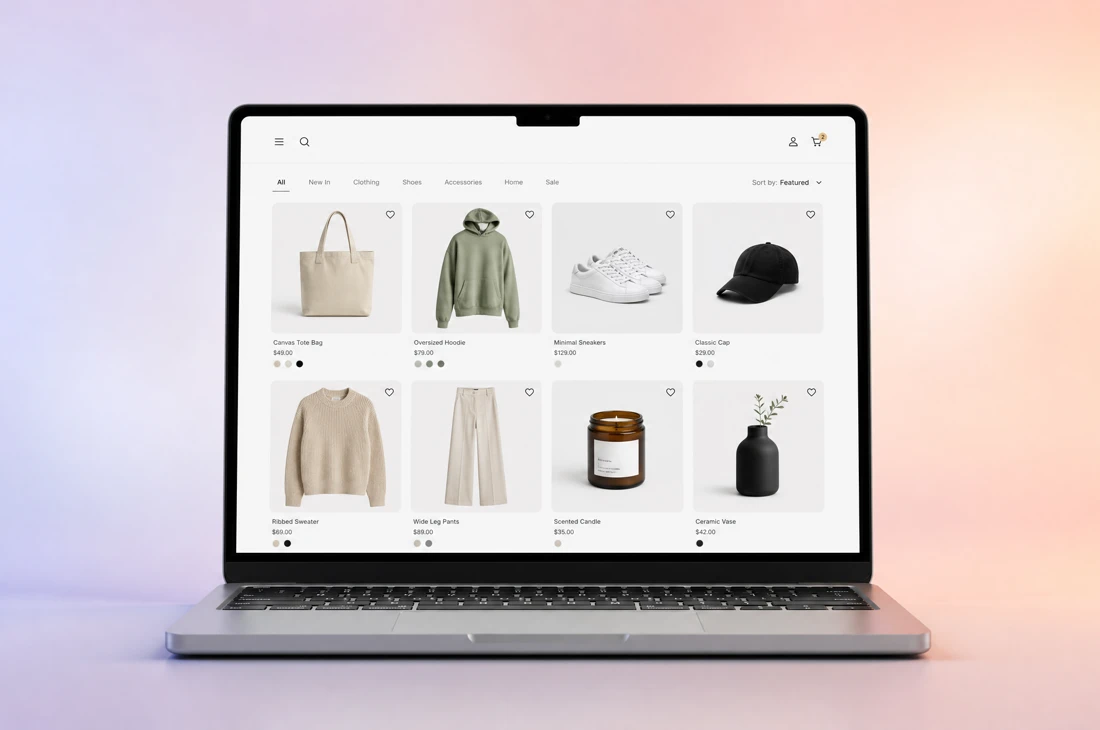 A laptop showing a clothing shop grid with filter tabs, product photos and colour swatches