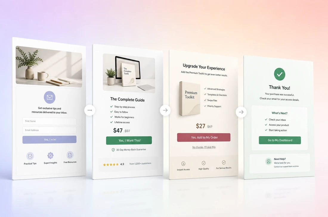 Four stacked steps of a buying flow, from sign up form through offer and upgrade to thanks