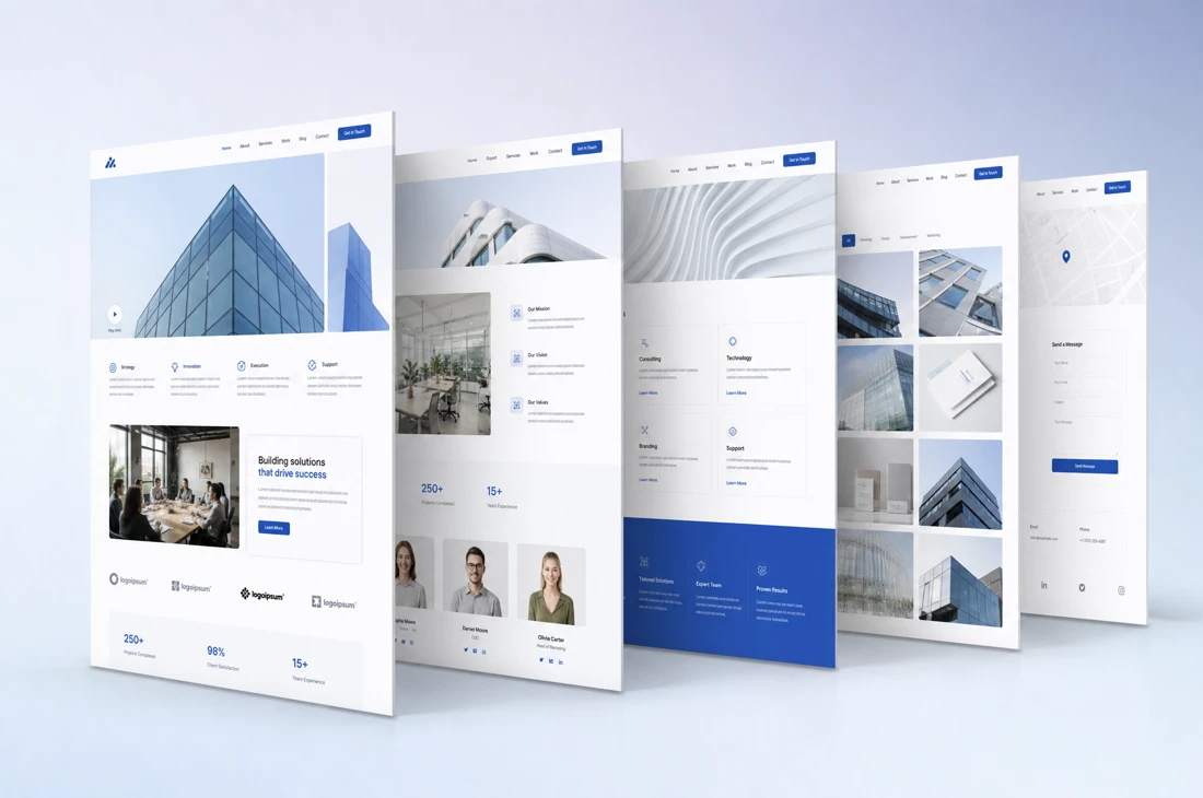 Five pages of one corporate website fanned at an angle, from home through team to contact