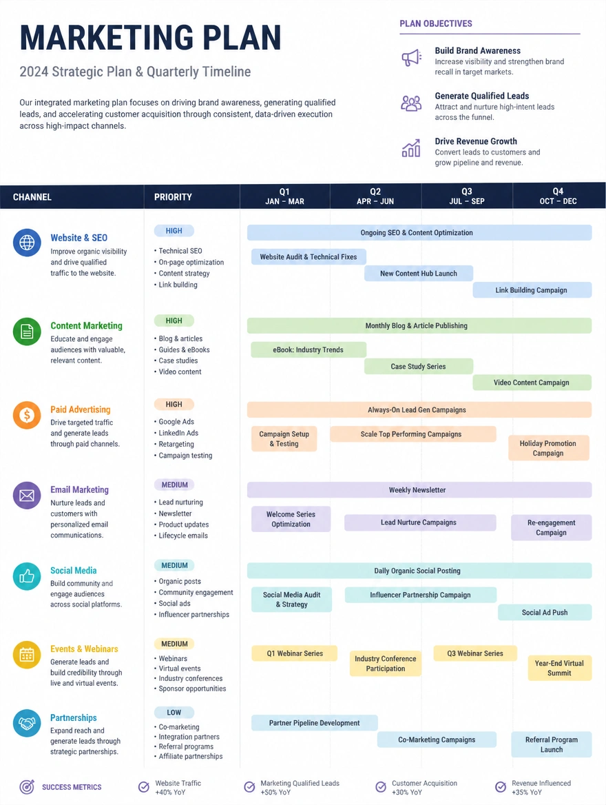 A marketing plan showing channels, priorities and a timeline
