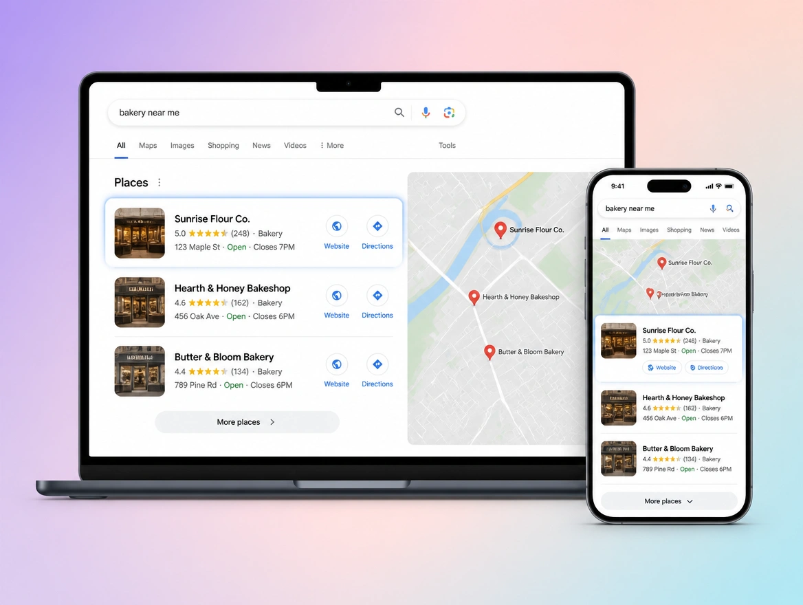 Website mockup showing search