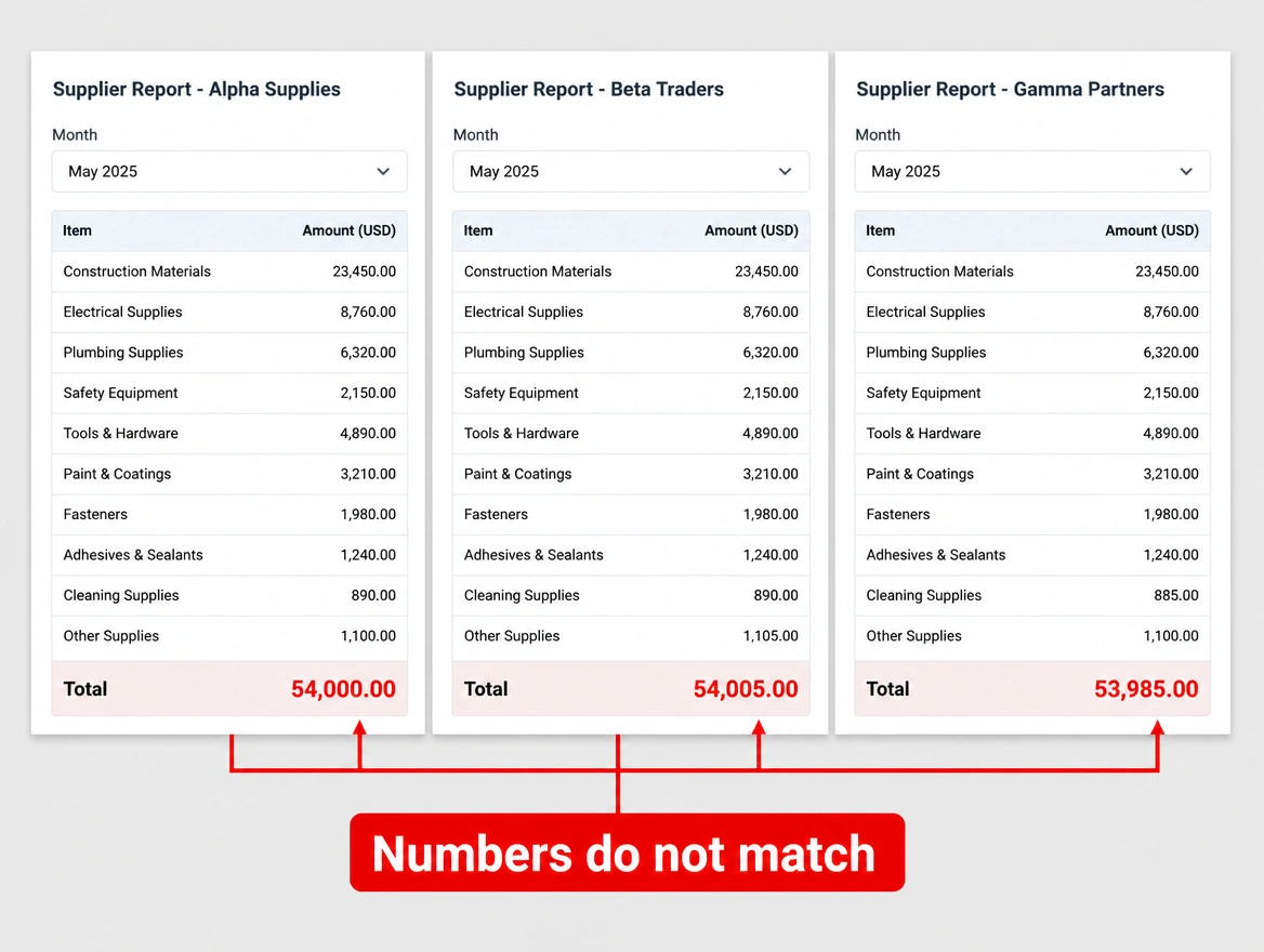 Three supplier reports showing three different totals for one month