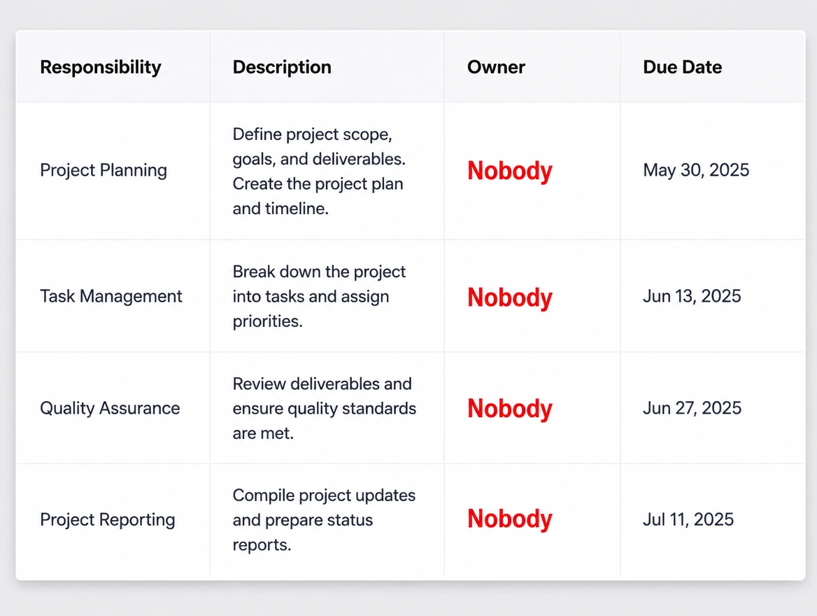 A responsibility table where no channel has a named owner