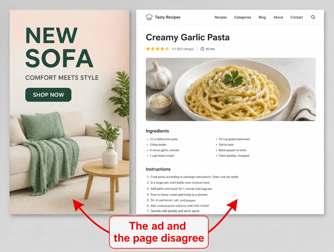 An advert pointing at a page that offers something different