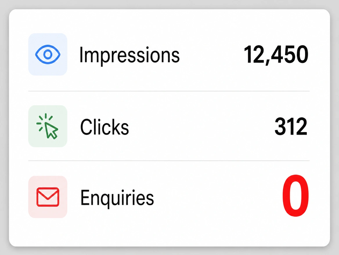 A marketing summary showing spend but zero leads