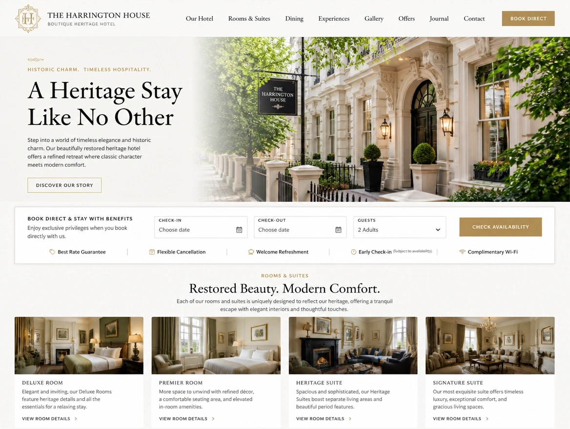 A boutique hotel homepage with a book direct panel
