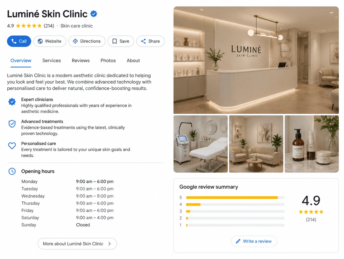 A Google Business Profile for a clinic with photos and opening hours