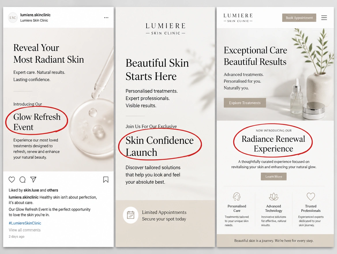 A social post, an advert and a home page each announcing a different promotion