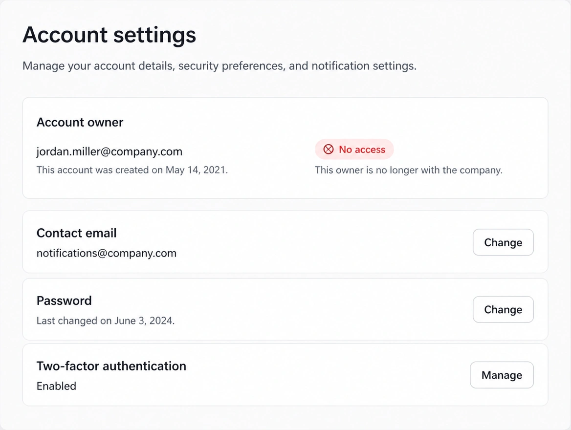 An account settings screen where the owner has left and access is gone