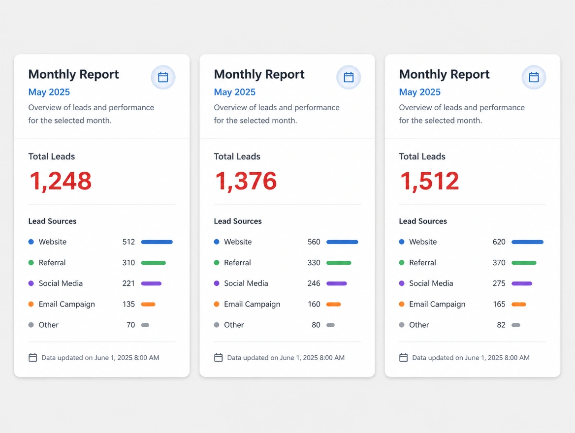 Three monthly reports showing three different lead totals