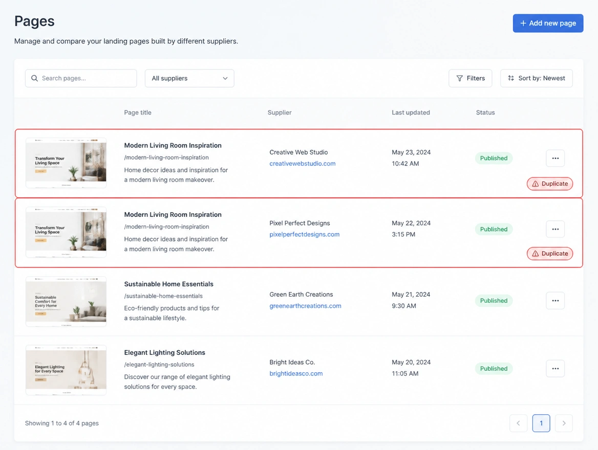 Two identical landing pages built by two different suppliers