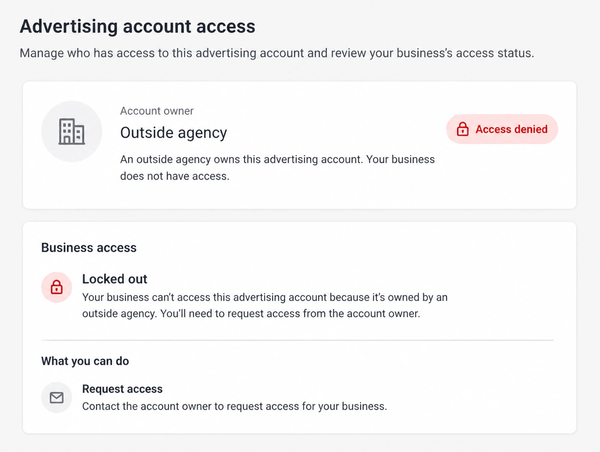 An advertising account owned by an agency with access denied