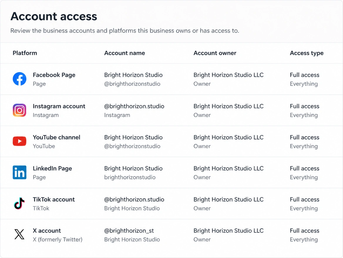 An account access list showing the business as owner of every platform