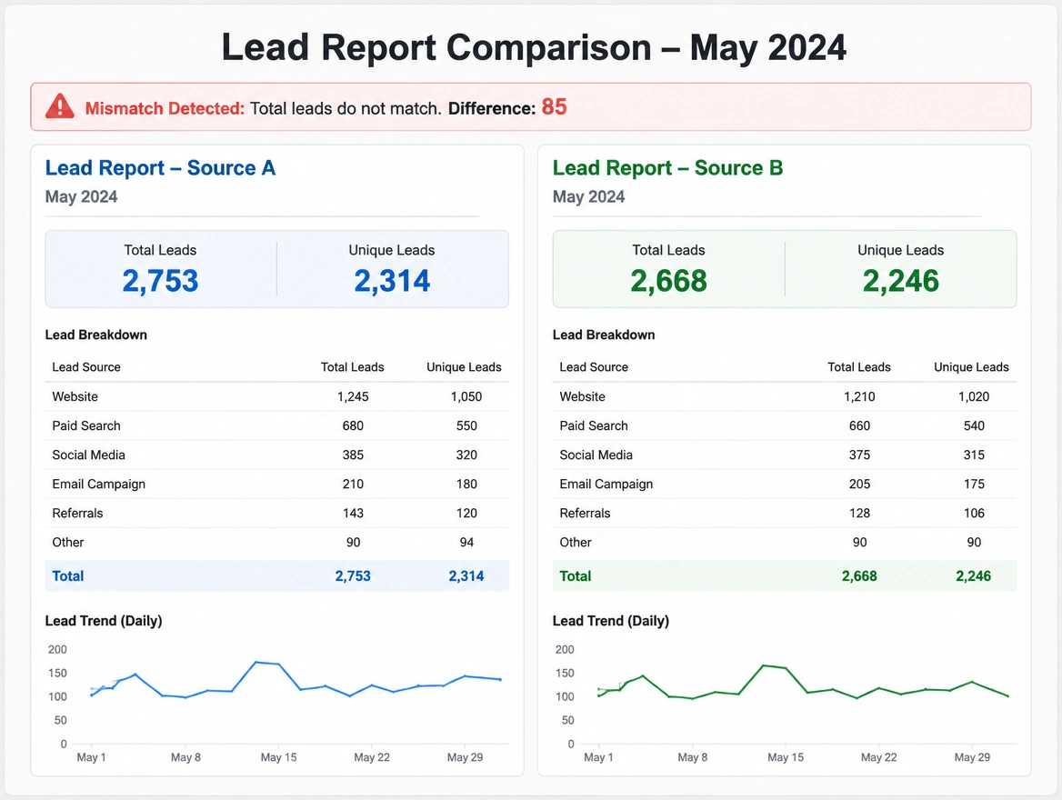 Two reports side by side showing different lead totals for the same month