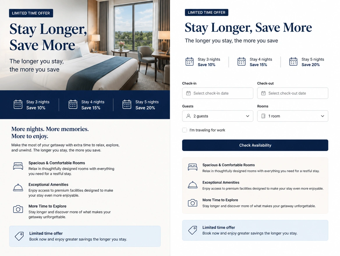 An advert and the landing page it opens shown together with matching wording