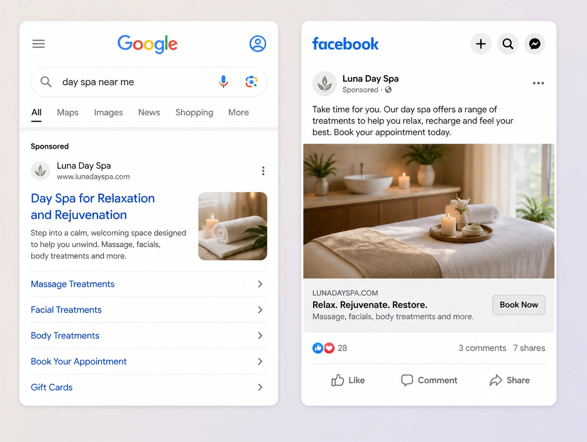 Website mockup showing paid ads