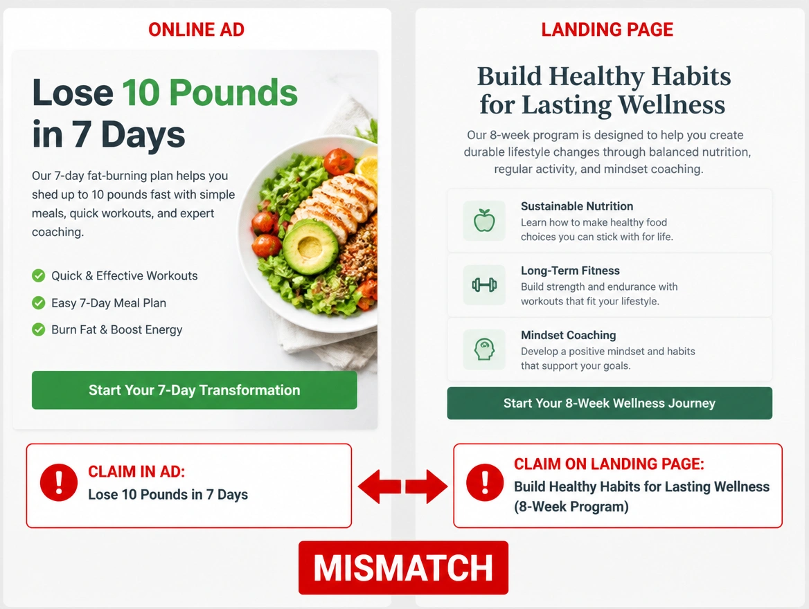 An advert and the page it opens showing two different offers