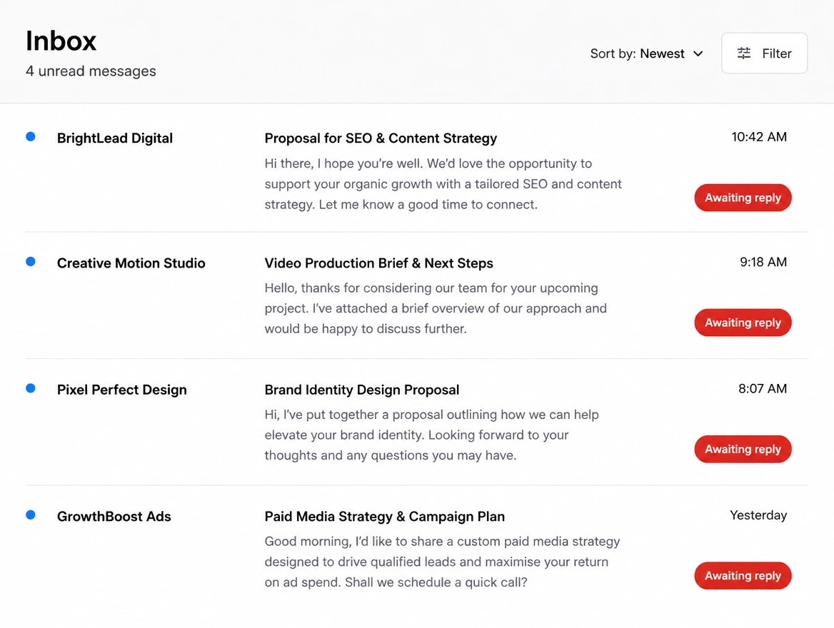 An inbox with four unanswered messages to four different suppliers