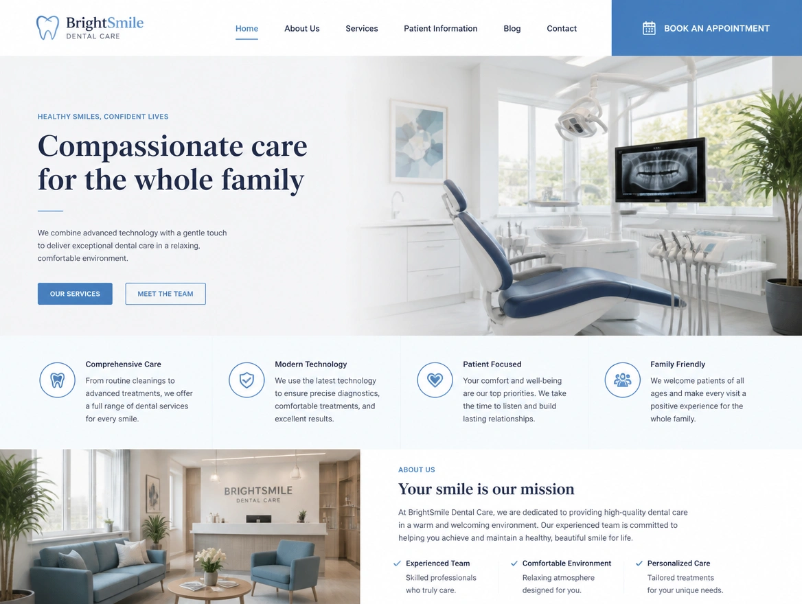 A dental clinic homepage with an appointment booking bar