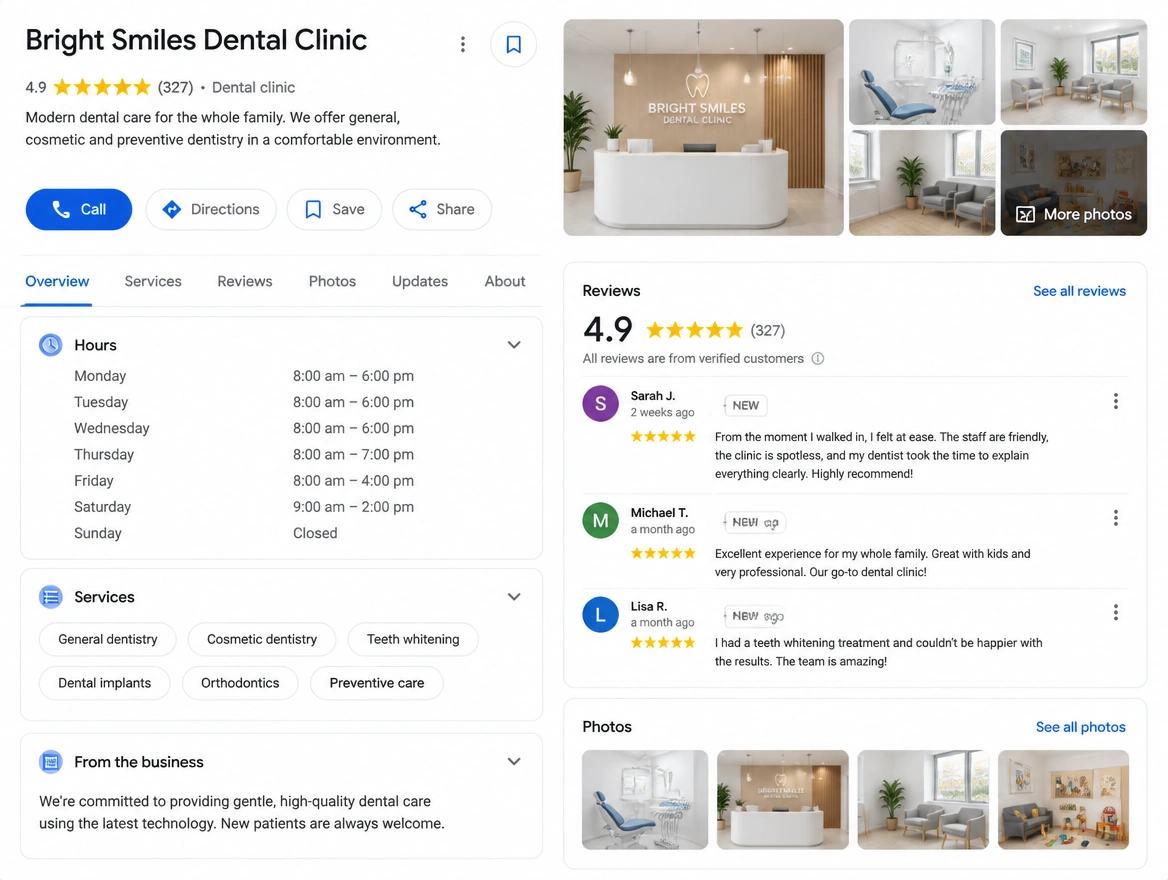 A Google Business Profile with reviews and opening hours