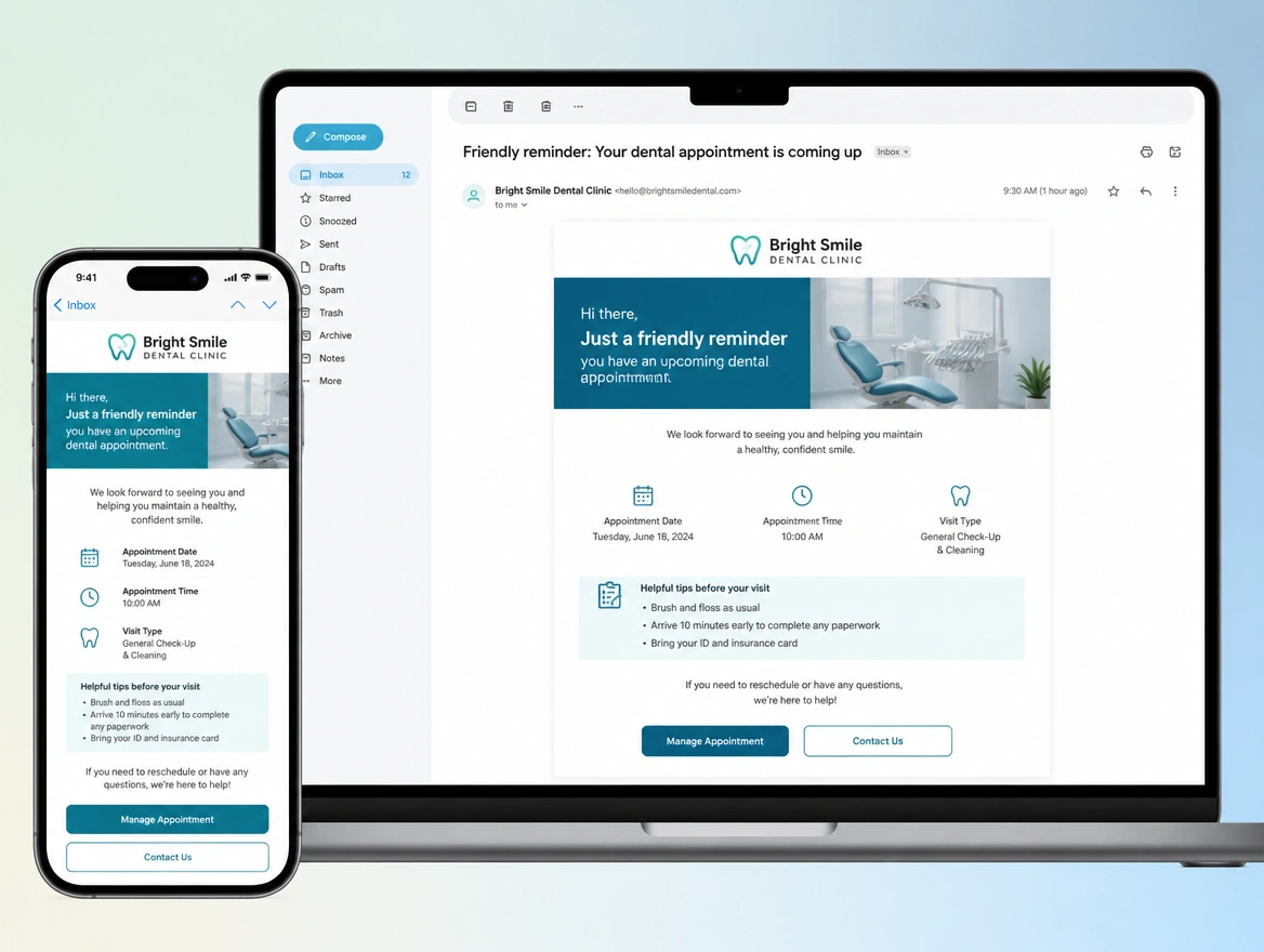 Website mockup showing email and follow-up
