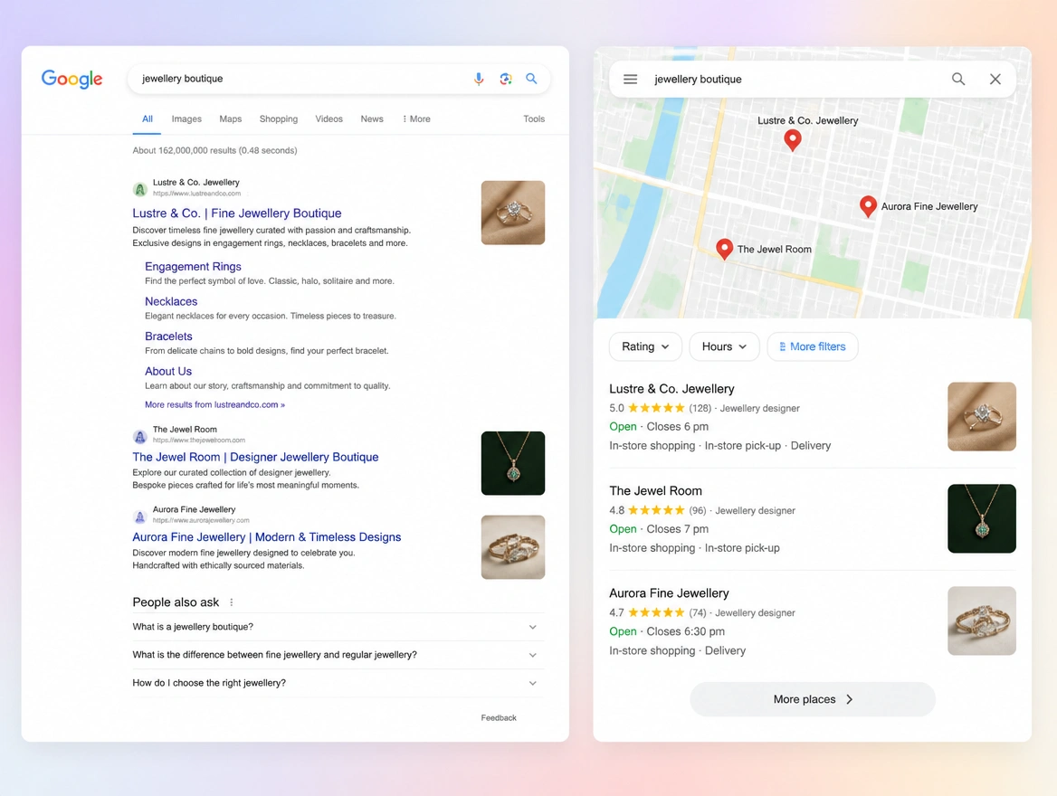 Website mockup showing search