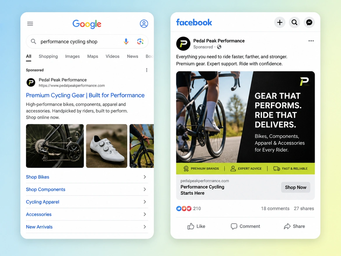 Website mockup showing paid adverts