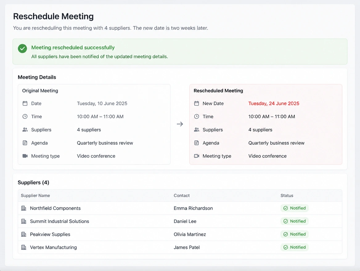 A scheduling screen pushing a four supplier meeting two weeks out