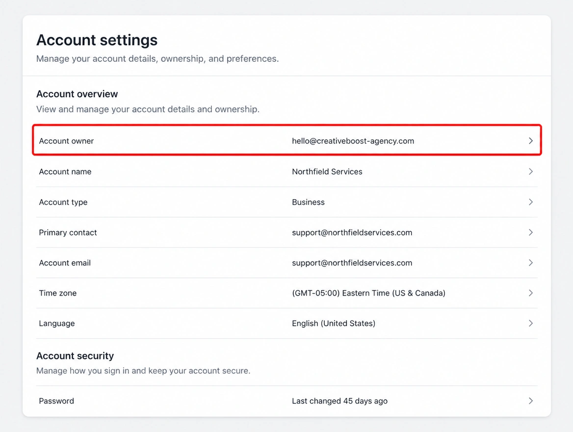 An account owner field showing an agency email instead of the business