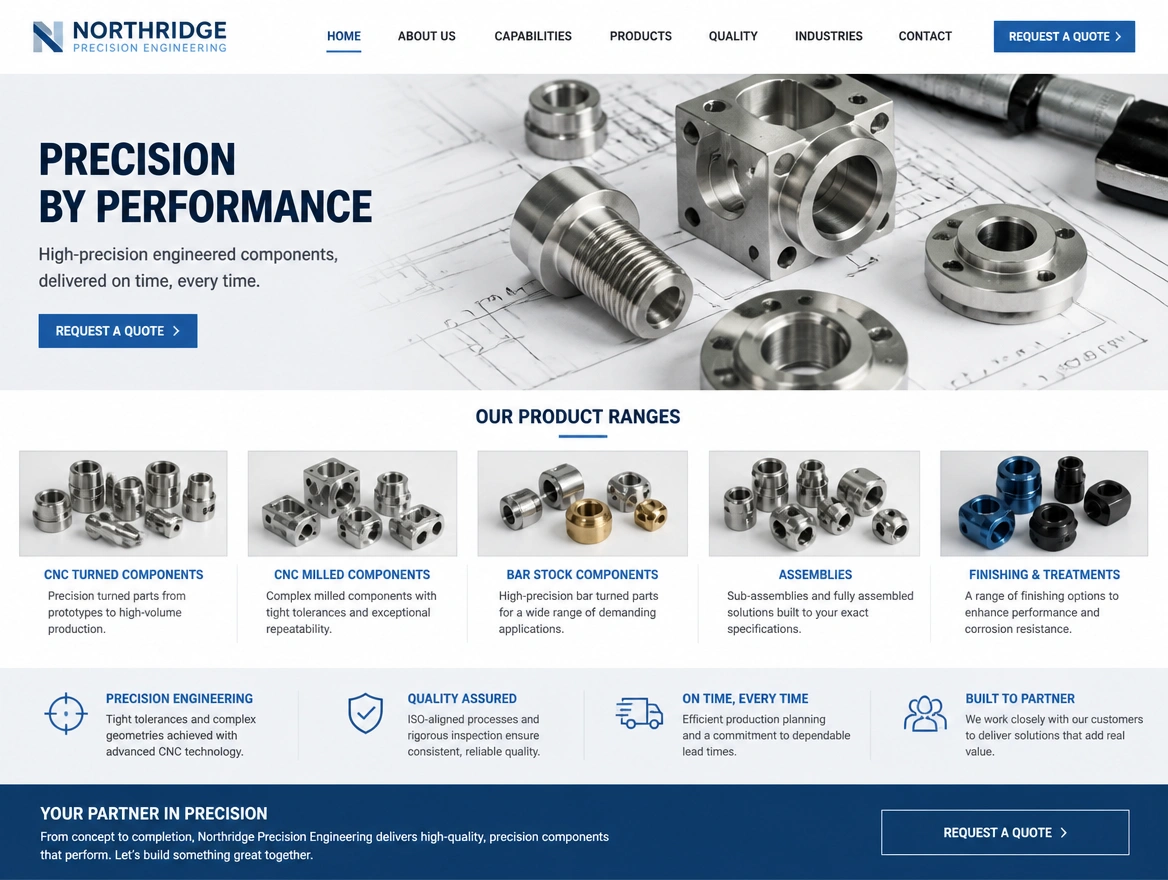 A homepage for an engineering supplier with a request a quote button