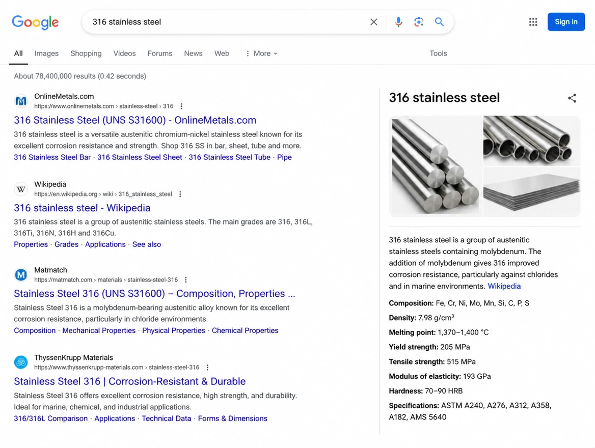 A search results page with an engineering supplier listed first