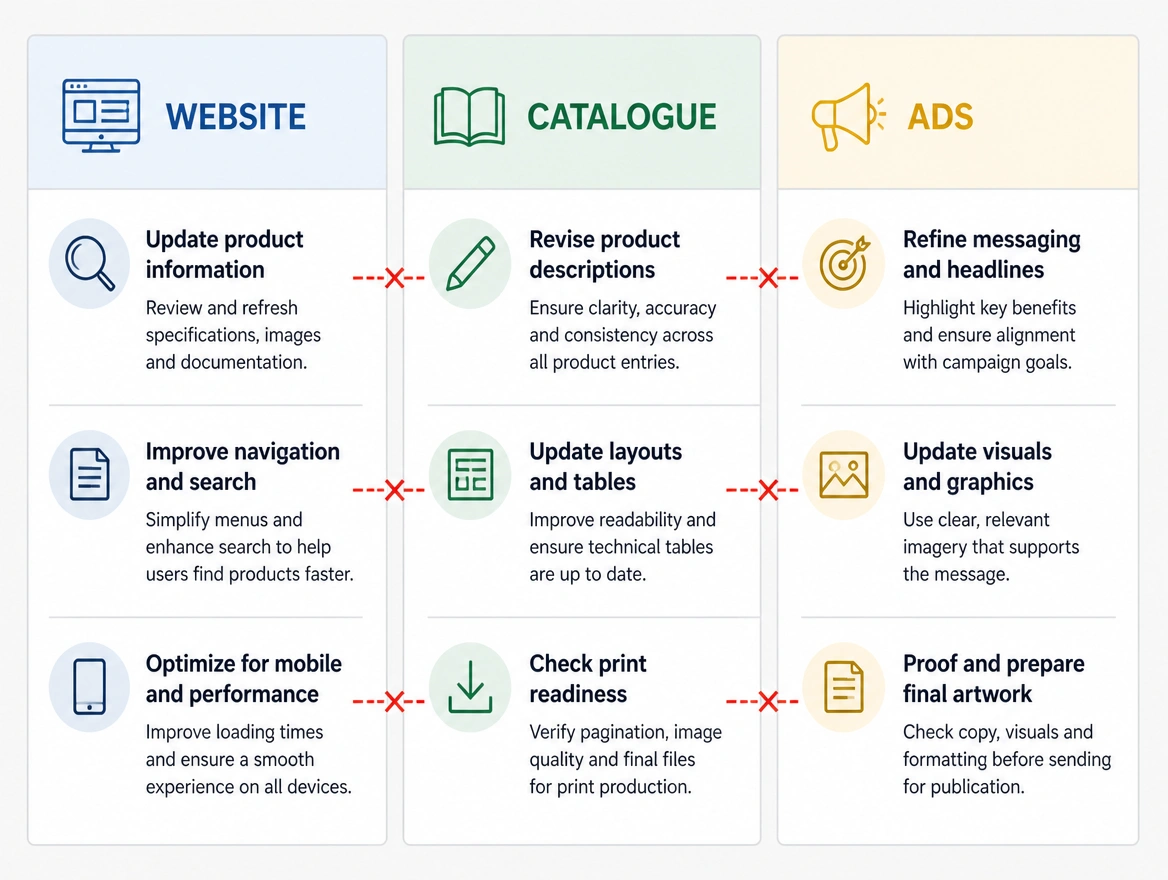 Three supplier columns for website, catalogue and ads with the links between them broken