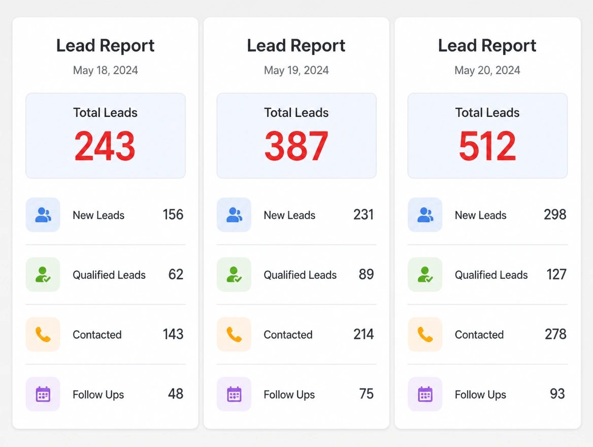 Three lead reports side by side, each giving a different total
