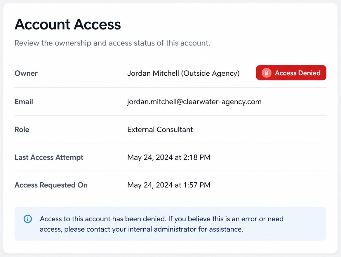 An account access screen showing an outside agency as owner and access denied
