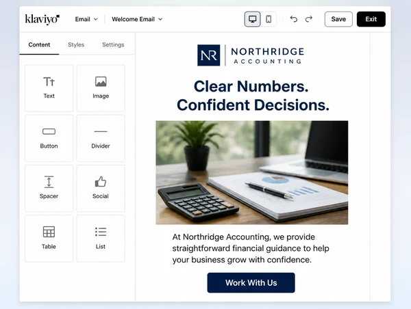 An accountancy practice email in Klaviyo carrying the same headline as the website