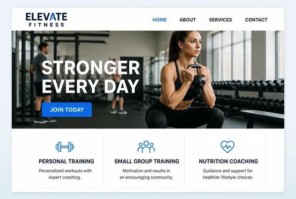 A boutique gym home page with a hero photograph and three service cards